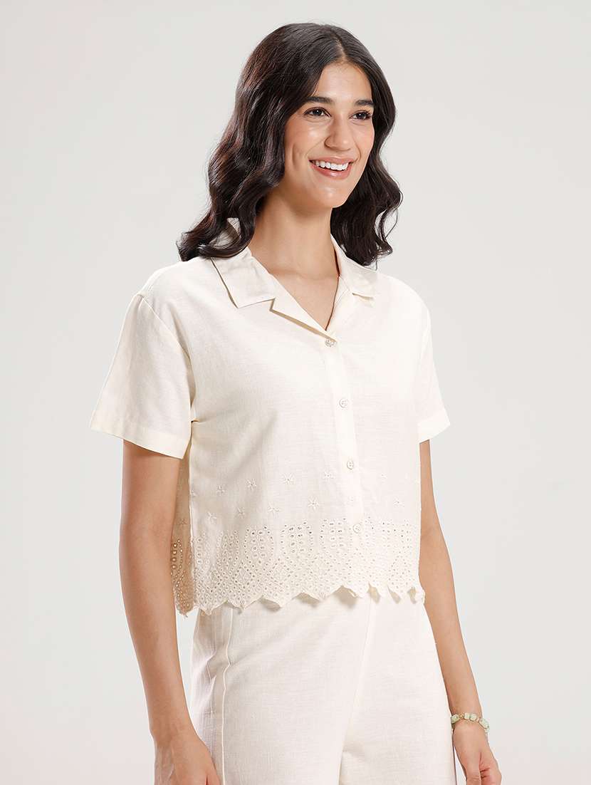 women cuban collared crop schiffli shirt - 21930440 -  Standard Image - 1