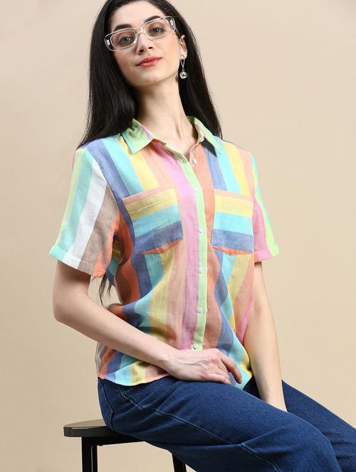 women striped collared short sleeves shirt - 21930445 - Standard Image - 0