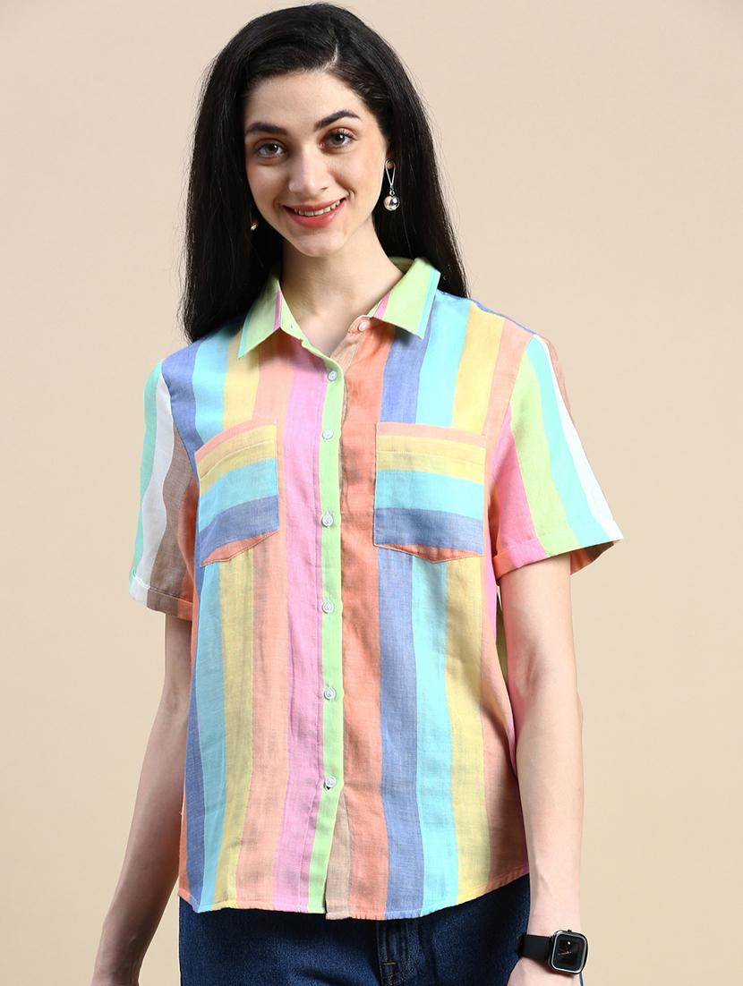 women striped collared short sleeves shirt - 21930445 - Standard Image - 1