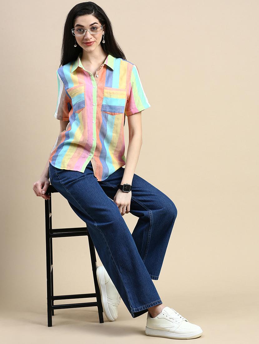 women striped collared short sleeves shirt - 21930445 - Standard Image - 4