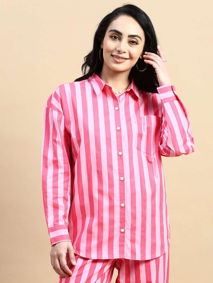 women striped collared long sleeves shirt - 21930446 - Zoom Image - 0
