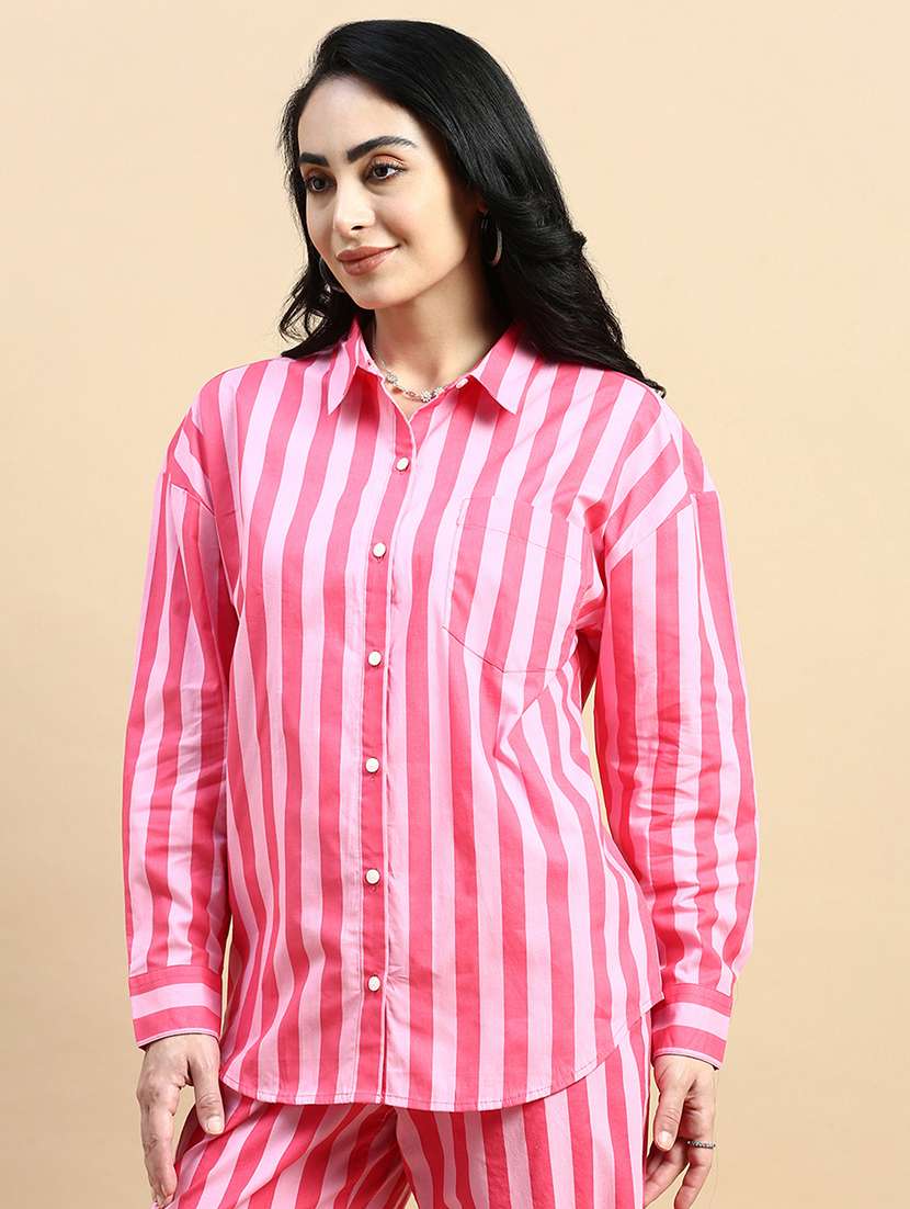 women striped collared long sleeves shirt - 21930446 - Standard Image - 1