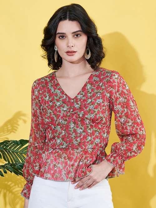 women floral printed puff sleeves peplum top - 21930642 -  Standard Image - 0