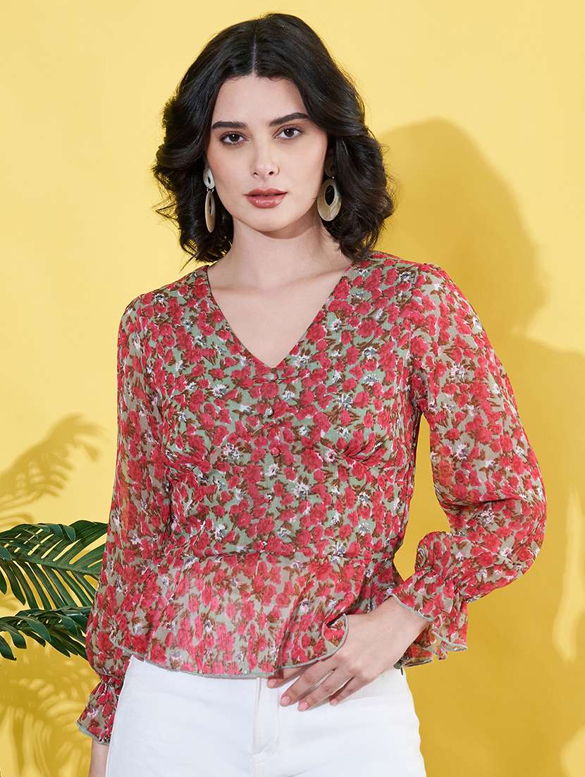 women floral printed puff sleeves peplum top - 21930642 -  Zoom Image - 0