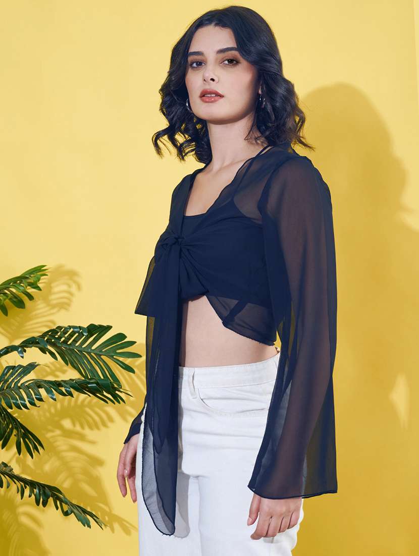 women navy blue solid bell sleeve crop shrug - 21930667 -  Standard Image - 1