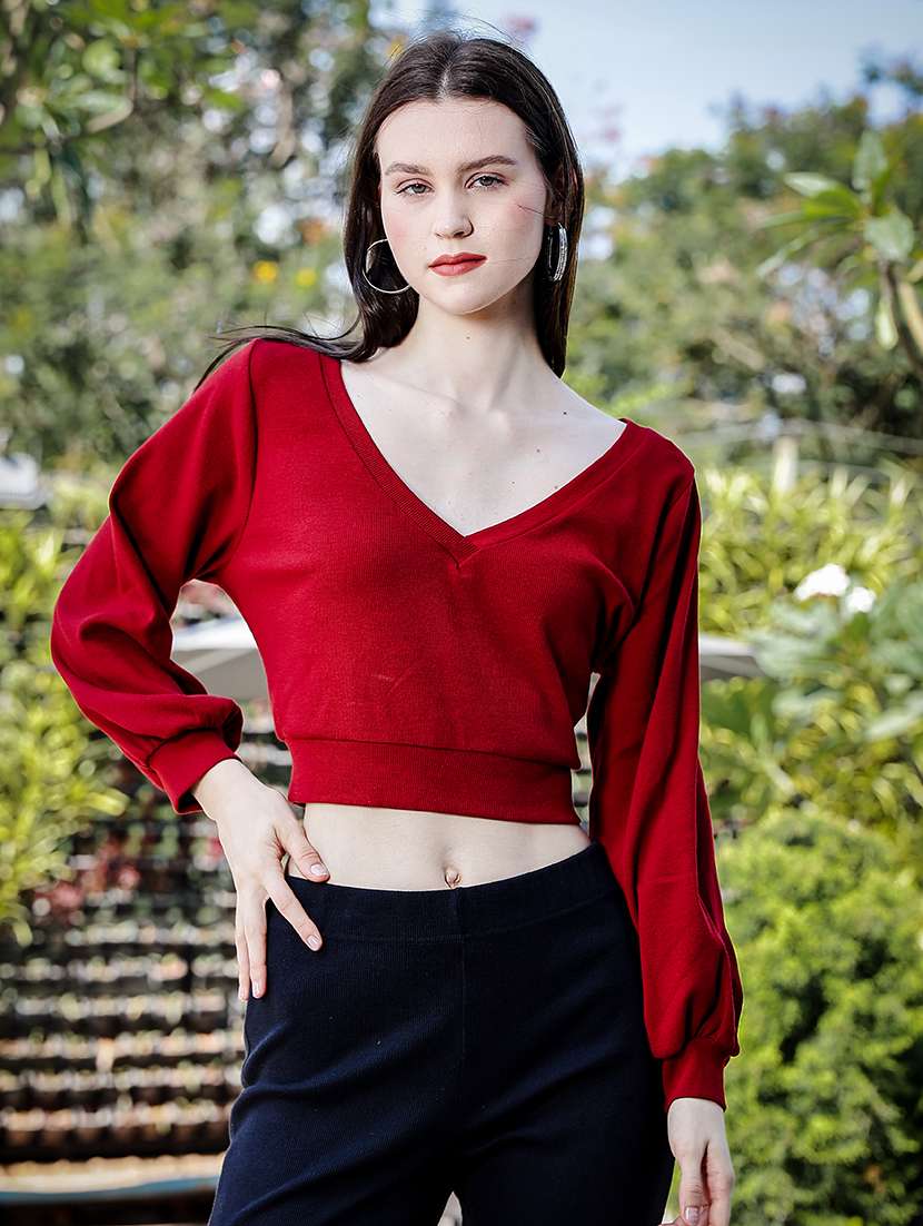 women's 3-in-1 versatile crop top with high neck inner & full sleeve outer