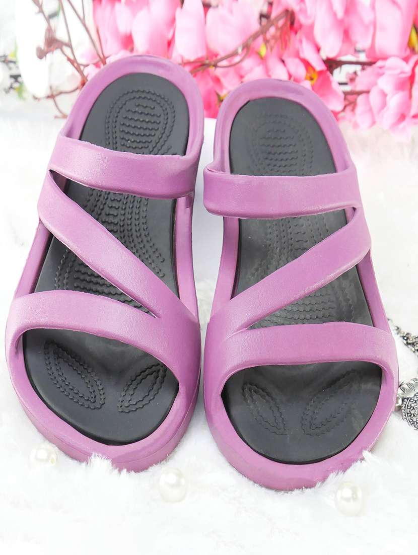 women purple solid slip on slides