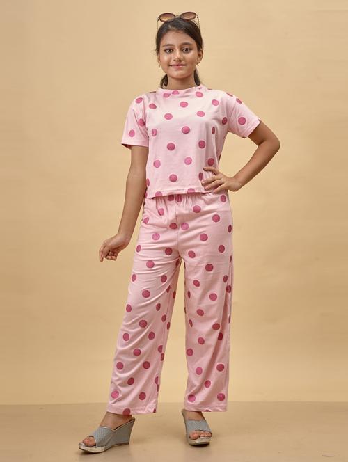 girls pink polka dot printed top & trouser co-ords set - 21930983 - Standard Image - 0