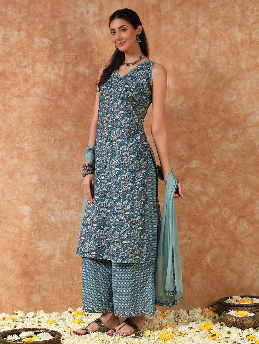 women floral printed sleeveless kurta palazzo with dupatta set - 21930997 - Standard Image - 1