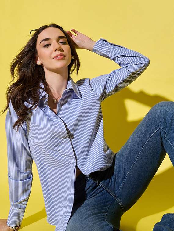 women striped collared long sleeves regular shirt - 21931124 -  Zoom Image - 0