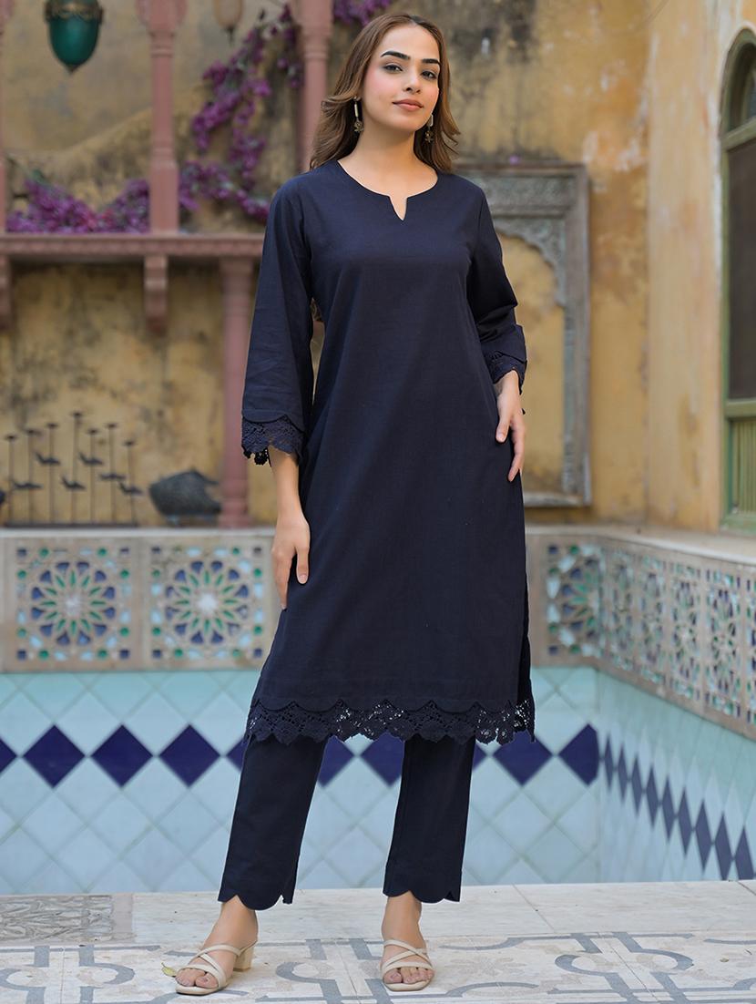 women three quarter sleeve kurta pant set - 21931185 - Standard Image - 1