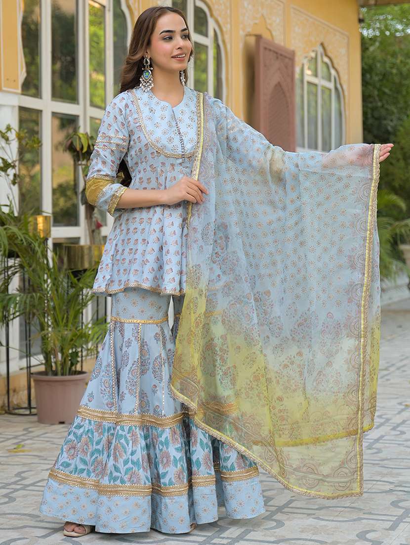 women three quarter sleeve kurta sharara with dupatta set