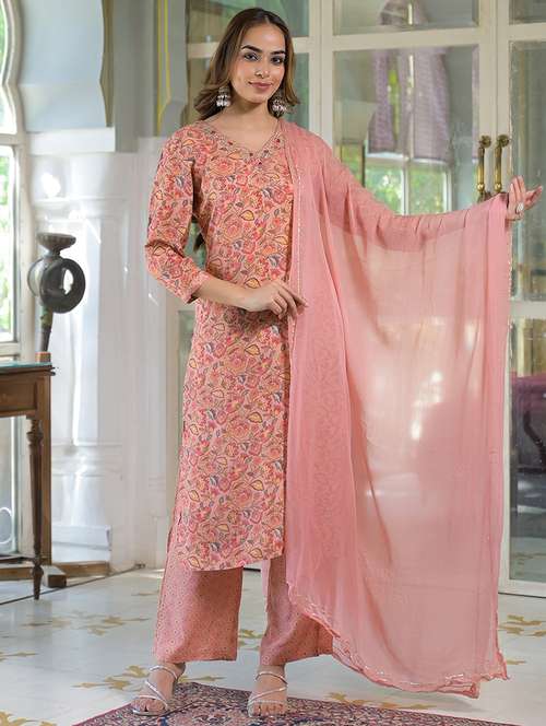 women three quarter sleeve kurta pant with dupatta set