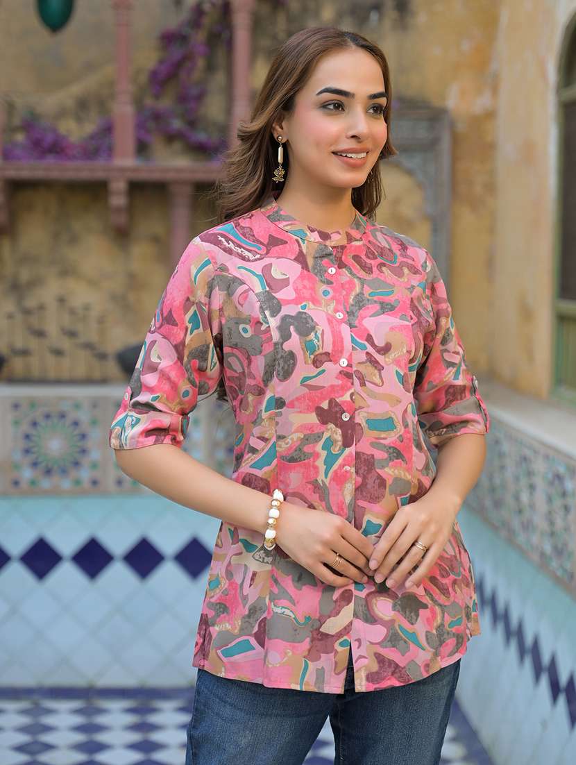 women pink printed mandarin neck a-line tunic