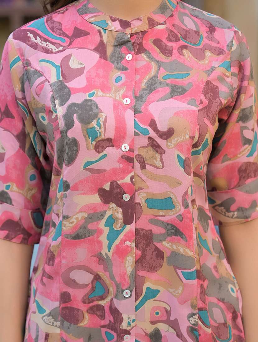 women pink printed mandarin neck a-line tunic - 21931203 - Standard Image - 4