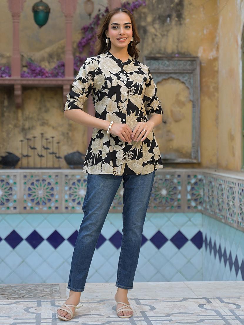 women floral print mandarin neck a-line tunic - 21931204 - Standard Image - 1