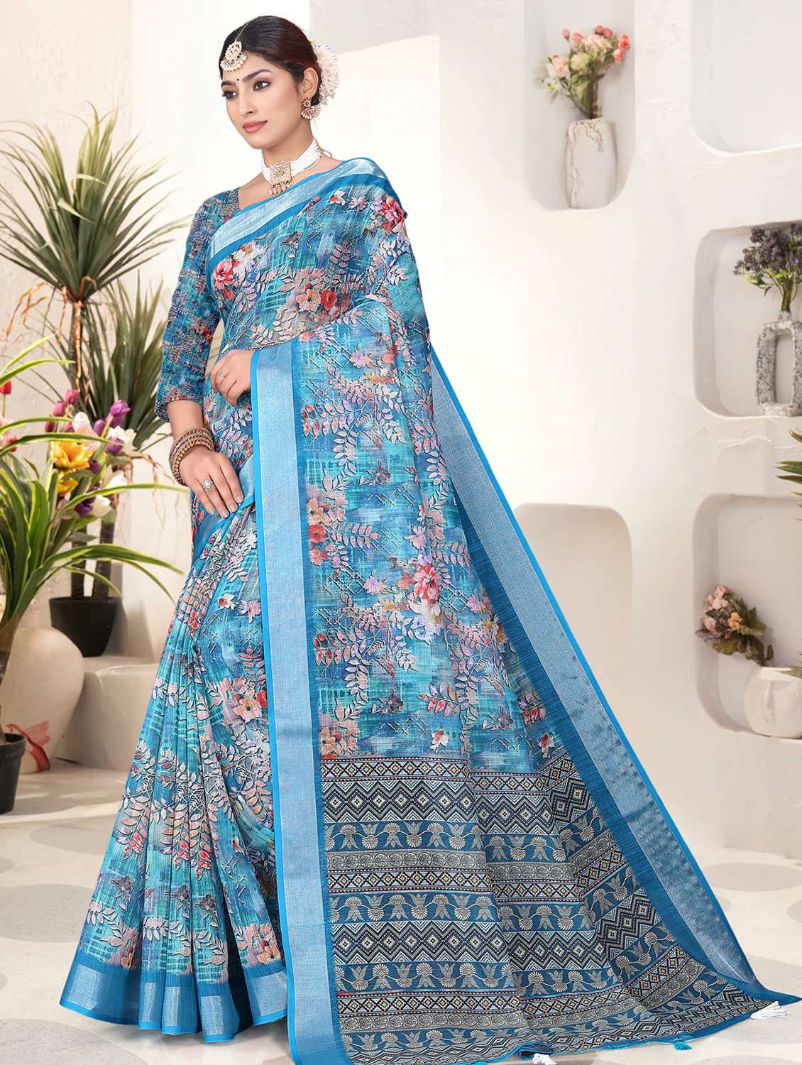women blue printed saree with blouse - 21931205 -  Standard Image - 1