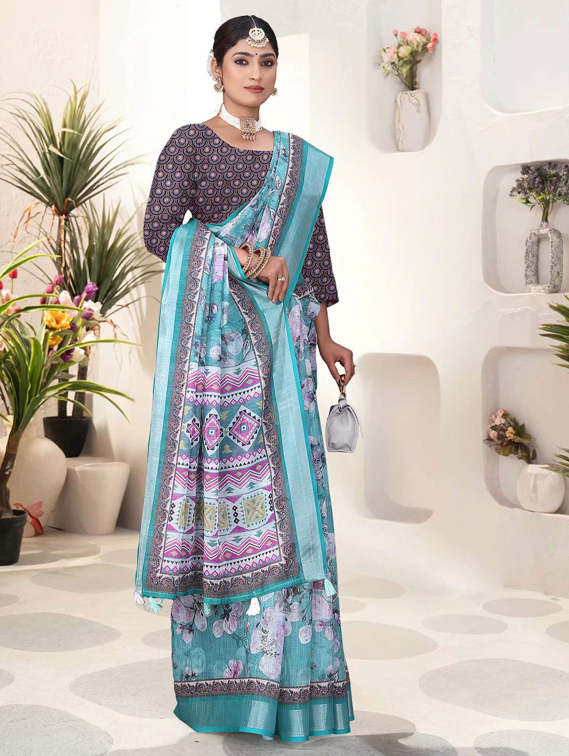 blue art silk printed saree with blouse