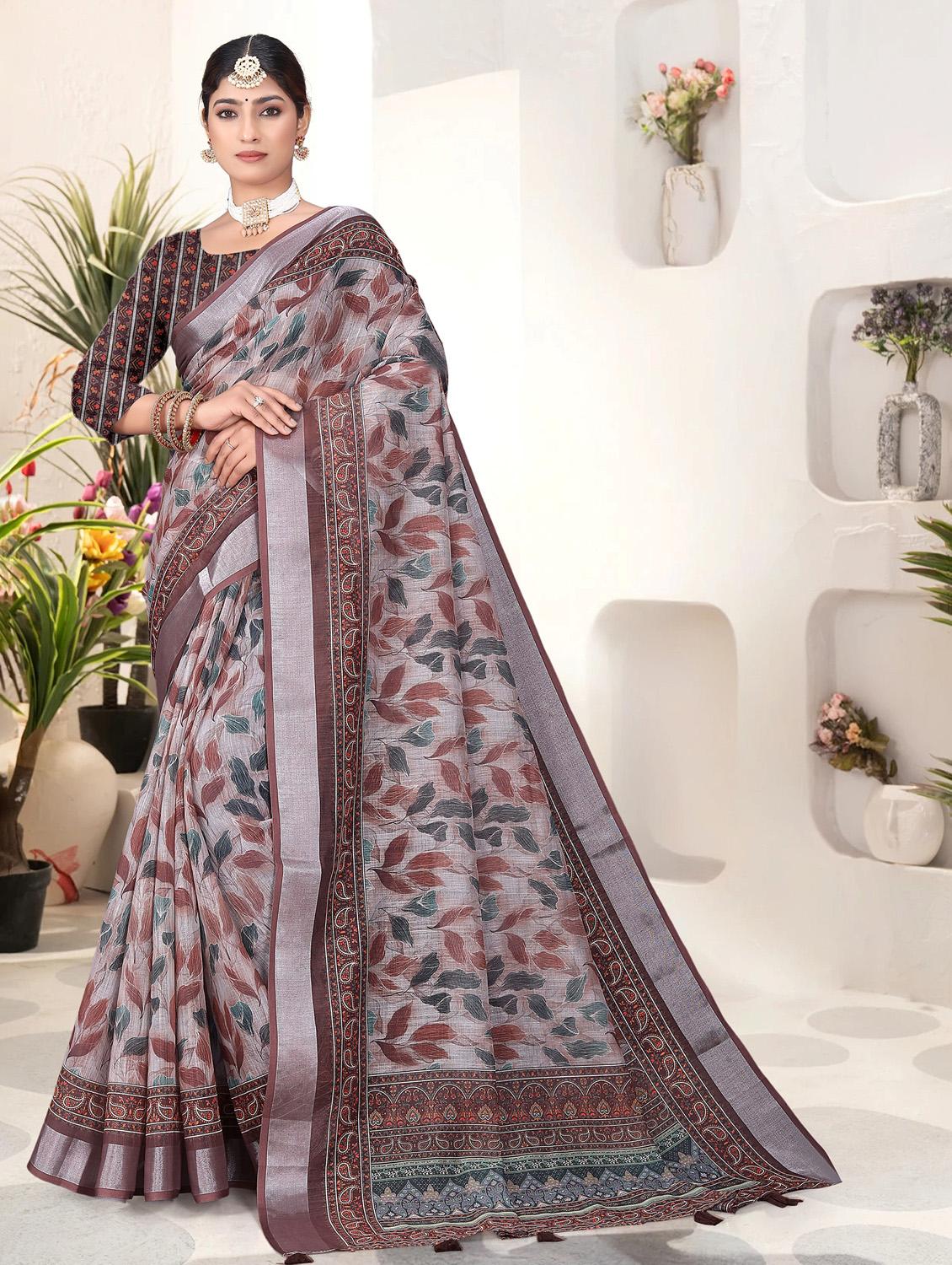 brown linen printed saree with blouse - 21931211 - Standard Image - 1