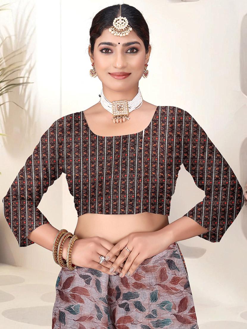 brown linen printed saree with blouse - 21931211 - Standard Image - 4