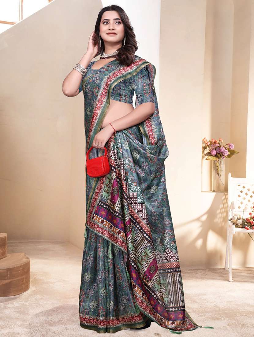 women blue printed saree with blouse