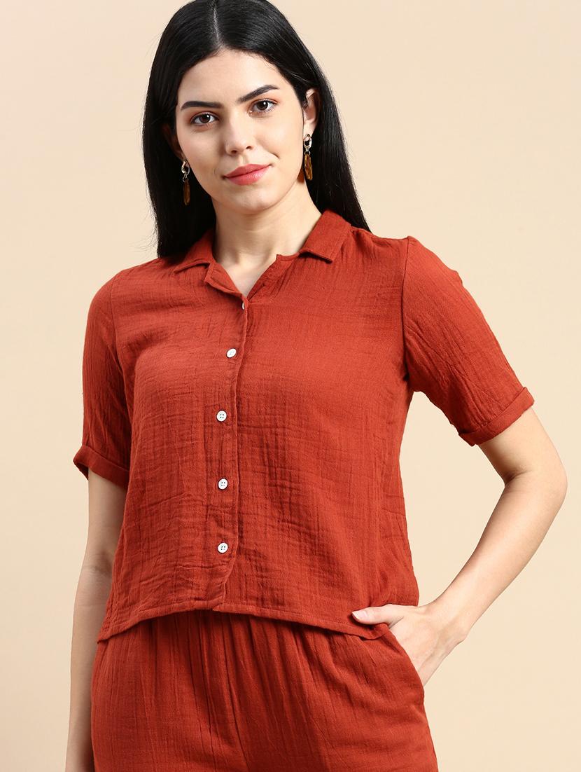 women solid cuban collared crop shirt - 21931248 -  Standard Image - 1