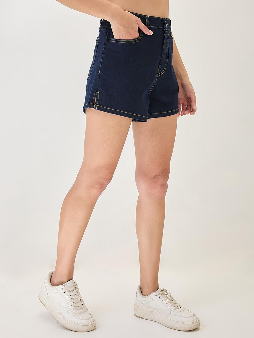 women solid high rise denim short - 21931257 - Standard Image - 1