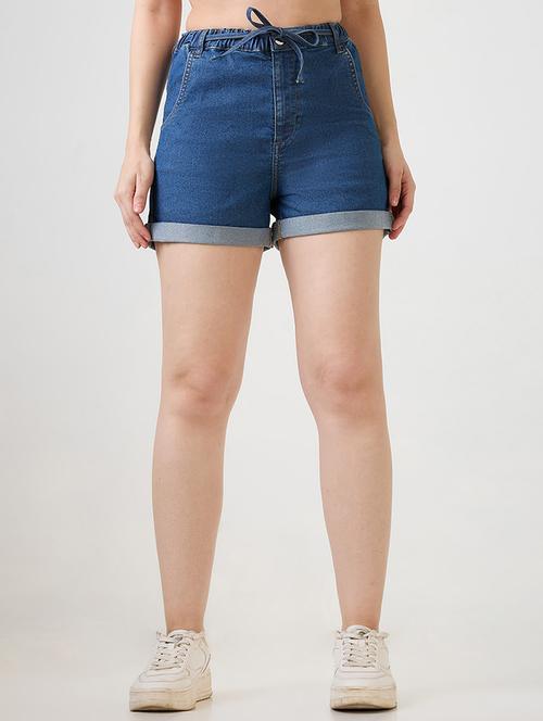 women solid high rise denim short - 21931258 -  Standard Image - 0