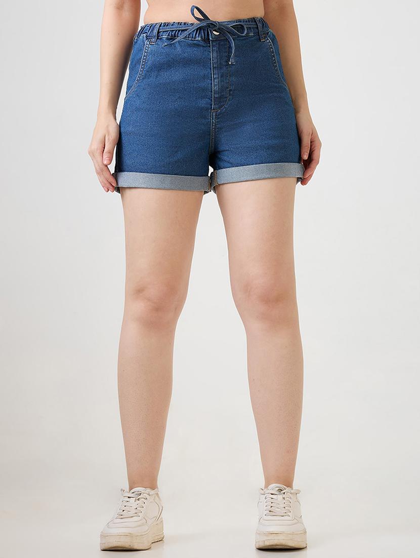 women solid high rise denim short - 21931258 -  Zoom Image - 0