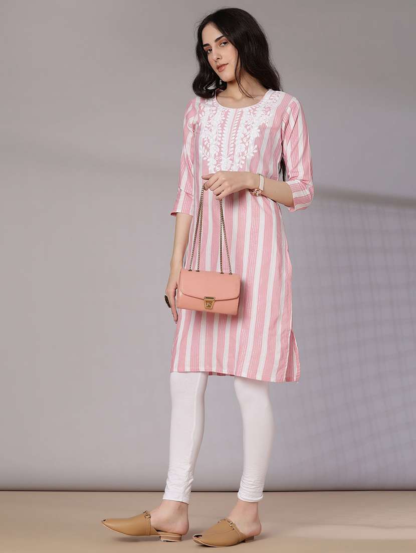 women striped three quarter sleeve straight kurta - 21931313 -  Standard Image - 1