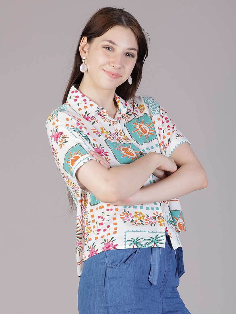 women printed collared short sleeve shirt - 21931319 - Standard Image - 1