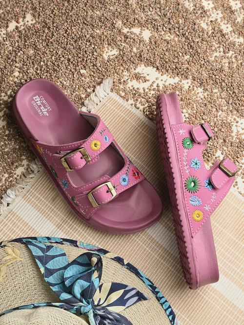 women pink embroidered slip on sandal - 21931383 -  Standard Image - 0