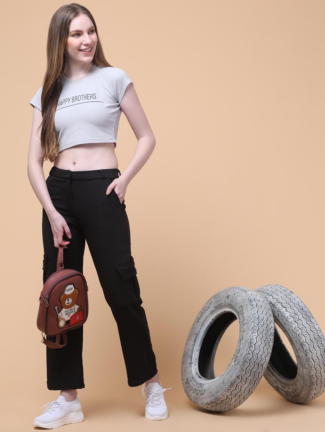 women black solid mid rise cargo - 21931402 - Standard Image - 6