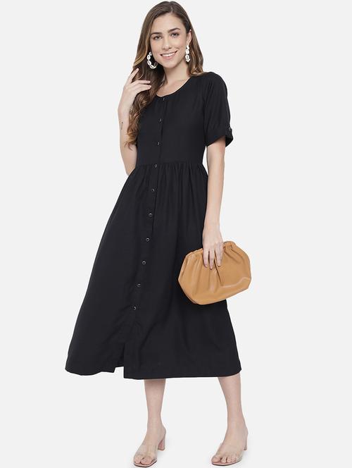 women black solid short sleeve a-line dress - 21931434 - Standard Image - 0