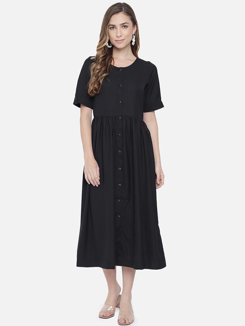 women black solid short sleeve a-line dress - 21931434 - Standard Image - 1