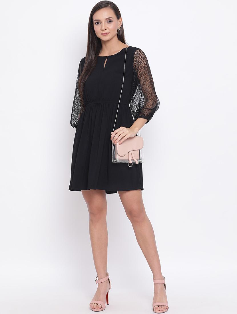 women solid puff sleeve laec fit & flared dress - 21931437 -  Standard Image - 1