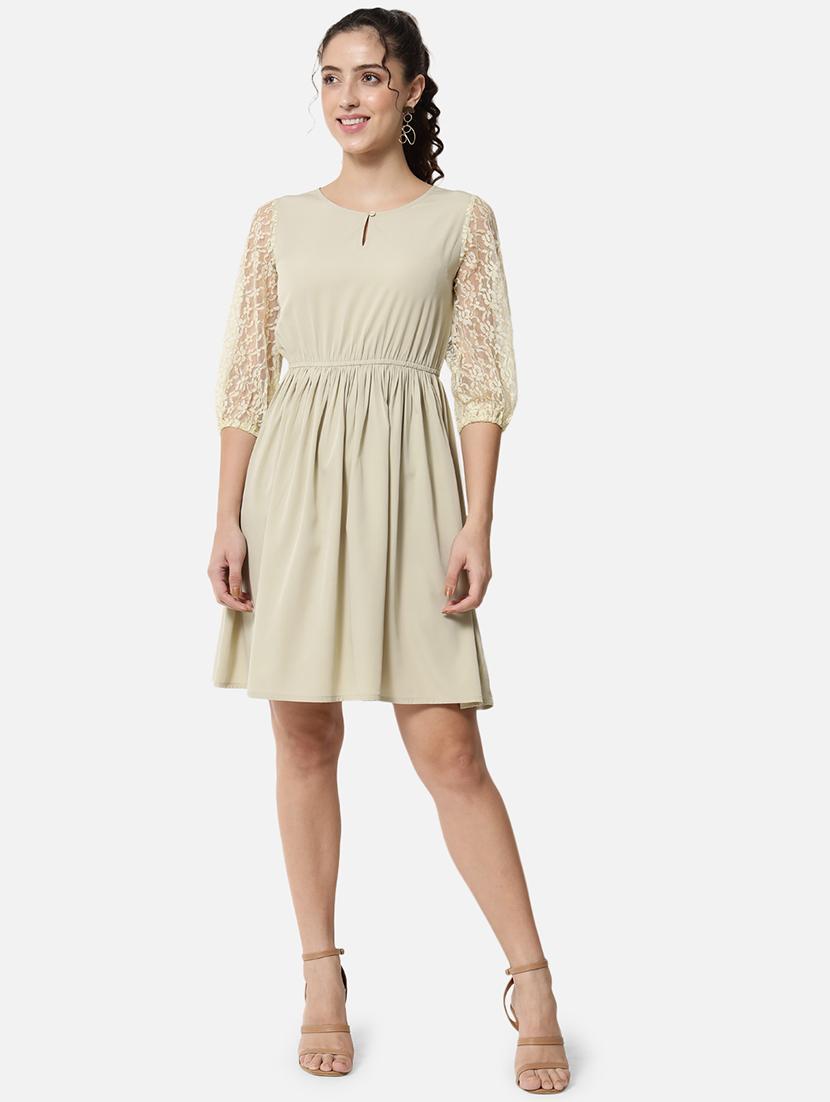 women solid puff sleeve lace fit and flared dress - 21931438 -  Standard Image - 1