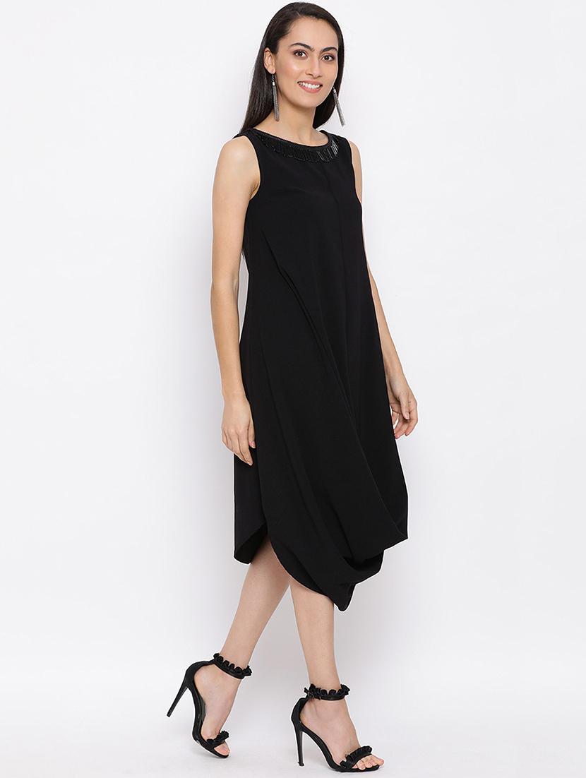women black solid sleeveless a-line dress - 21931439 -  Standard Image - 1