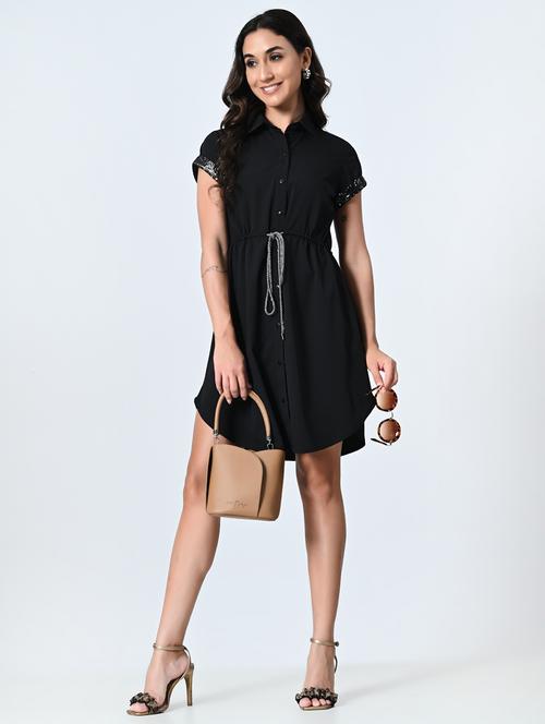 women black solid short sleeve a-line dress - 21931441 -  Standard Image - 0