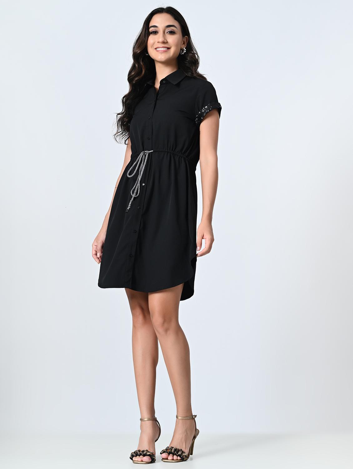women black solid short sleeve a-line dress - 21931441 - Standard Image - 1