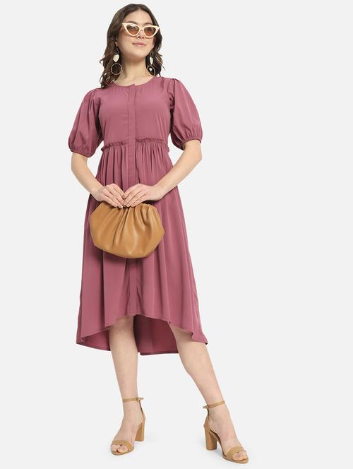 women solid puff sleeve high low dress - 21931443 - Standard Image - 0