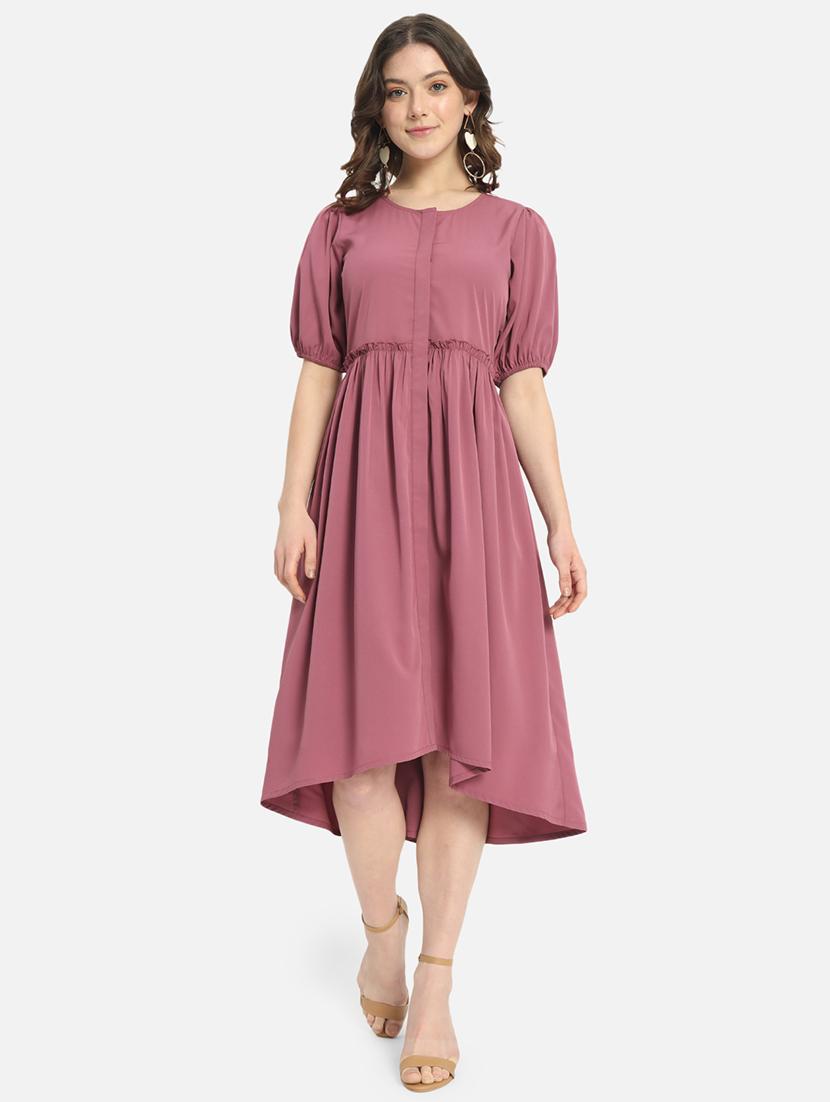 women solid puff sleeve high low dress - 21931443 - Standard Image - 1