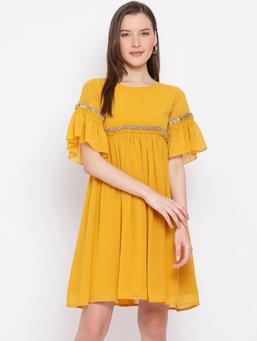 women yellow solid bell sleeve fit & flared dress - 21931444 -  Standard Image - 0