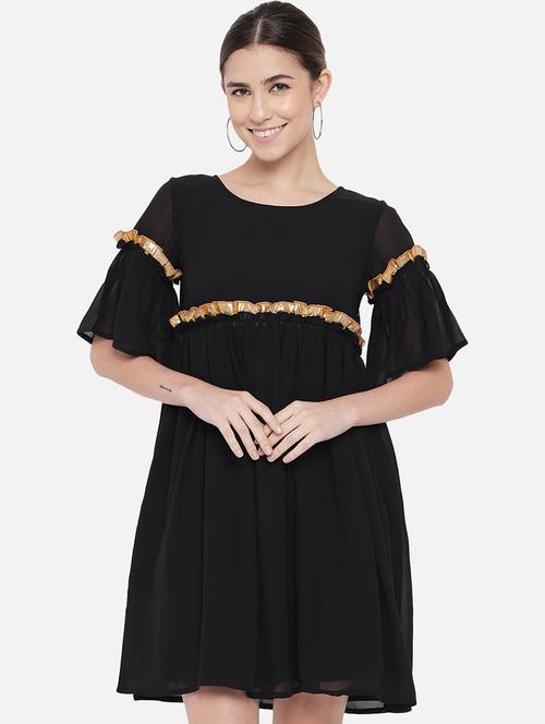 women black solid bell sleeve fit & flare dress - 21931445 - Standard Image - 0