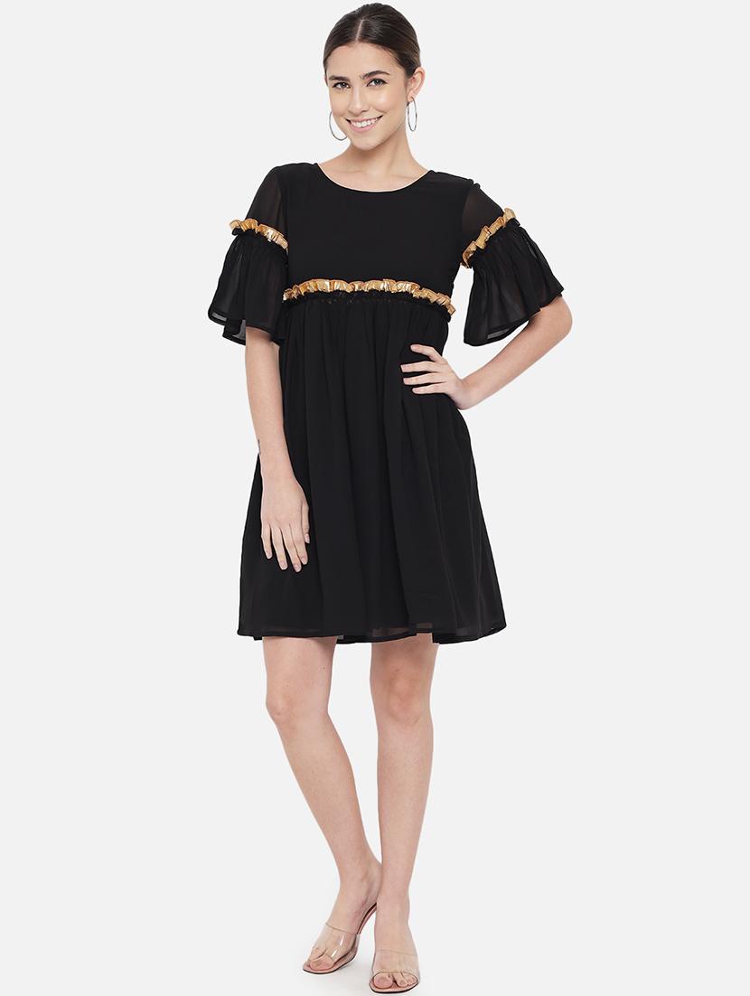 women black solid bell sleeve fit & flare dress - 21931445 - Standard Image - 1