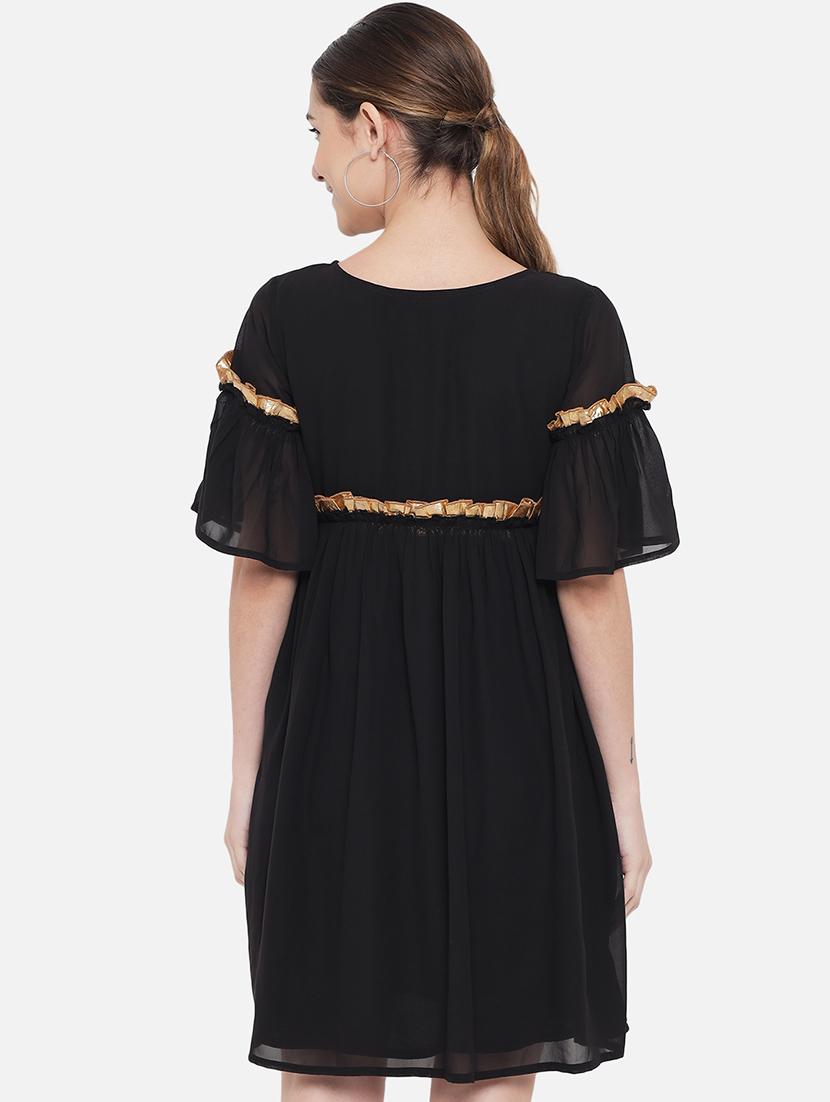 women black solid bell sleeve fit & flare dress - 21931445 - Standard Image - 4