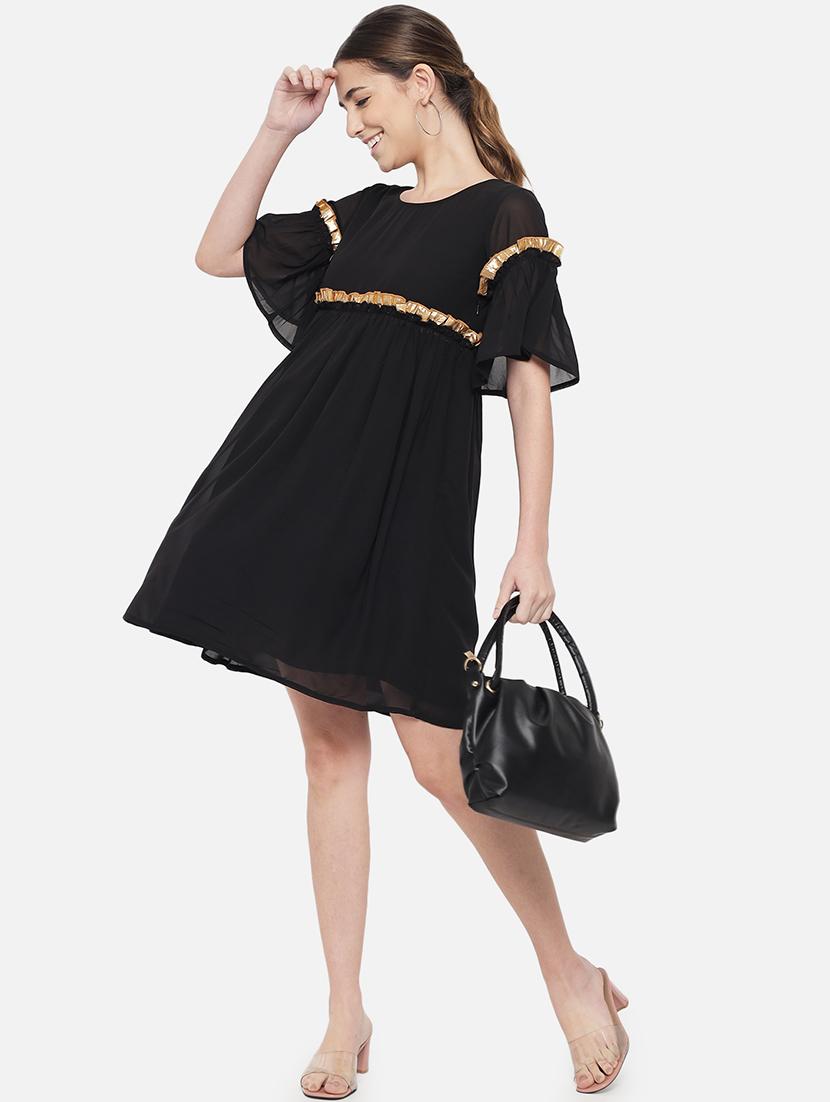 women black solid bell sleeve fit & flare dress - 21931445 - Standard Image - 6