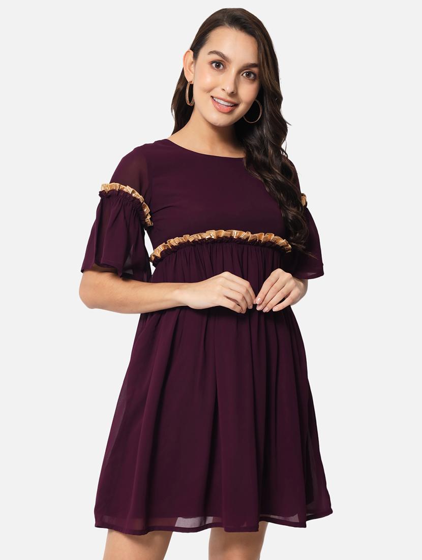 women purple solid bell sleeve fit & flared dress - 21931446 -  Zoom Image - 0