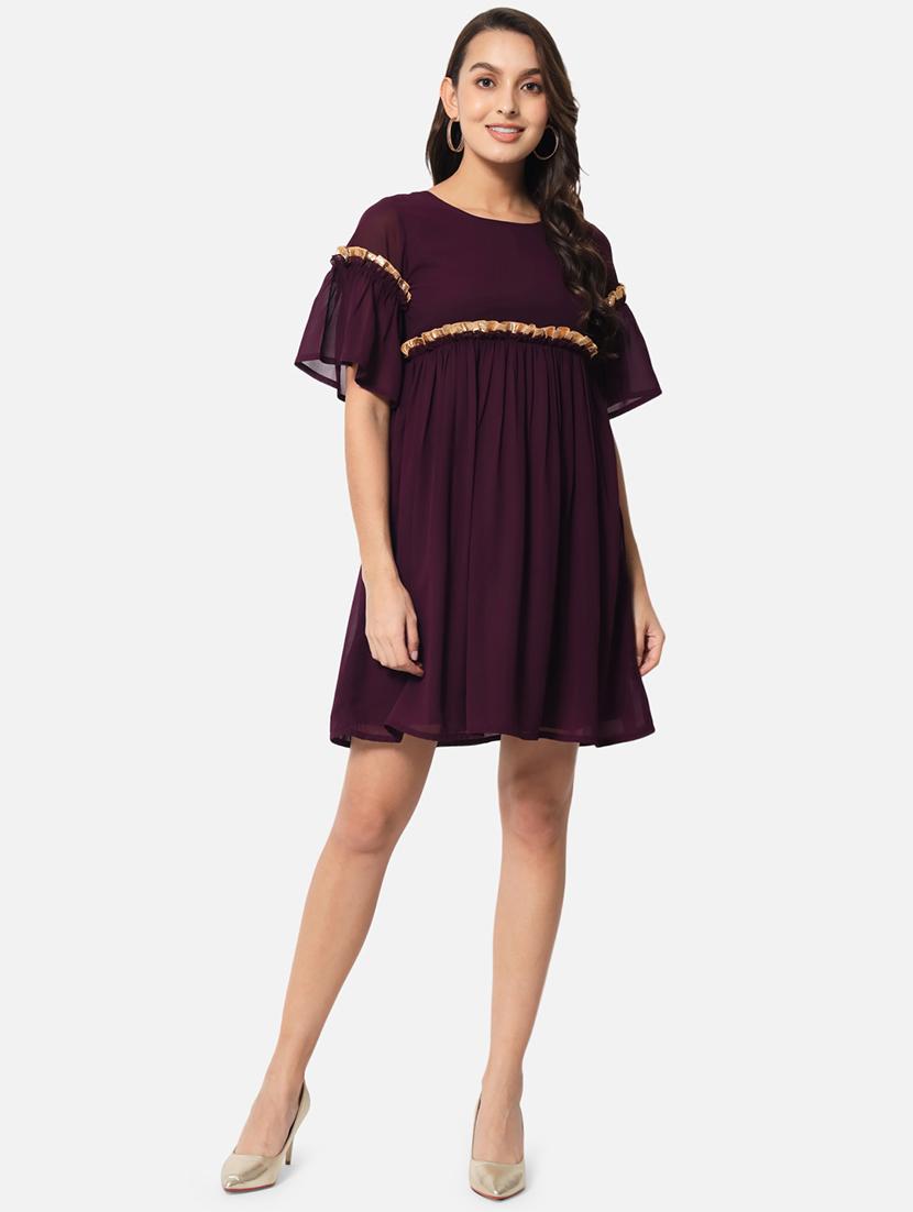 women purple solid bell sleeve fit & flared dress - 21931446 -  Standard Image - 1