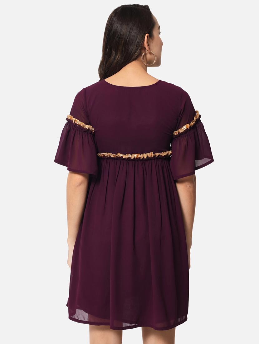 women purple solid bell sleeve fit & flared dress - 21931446 - Standard Image - 4